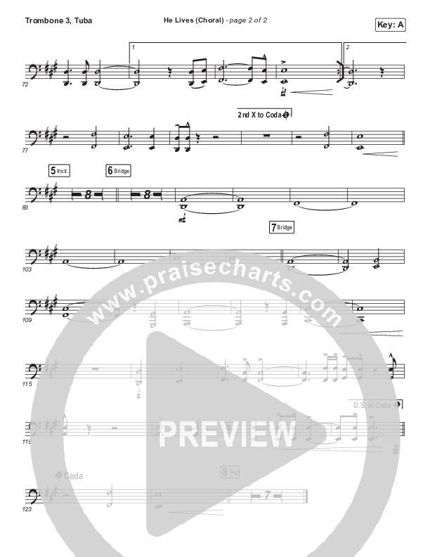 He Lives (Choral Anthem SATB) Trombone 3/Tuba (Church Of The City / Arr. Luke Gambill)