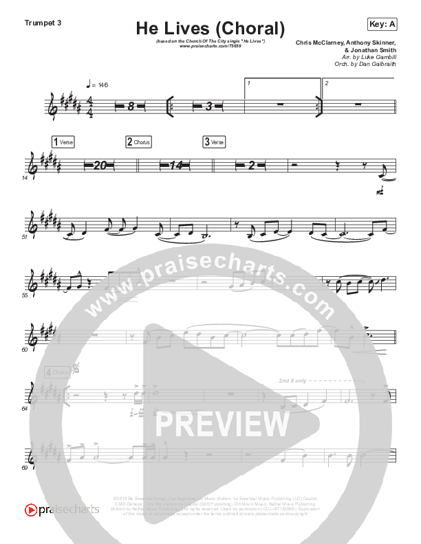 He Lives (Choral Anthem SATB) Trumpet 3 (Church Of The City / Arr. Luke Gambill)