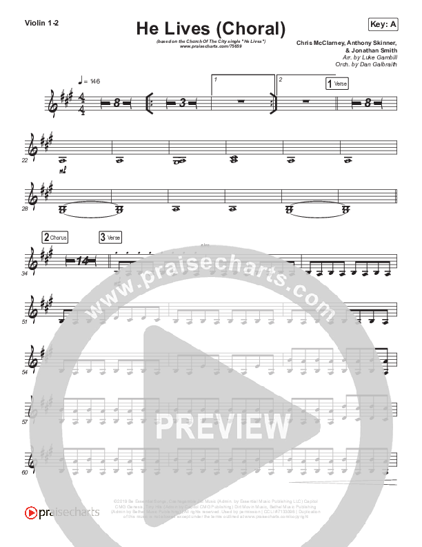 He Lives (Choral Anthem SATB) Violin 1/2 (Church Of The City / Arr. Luke Gambill)