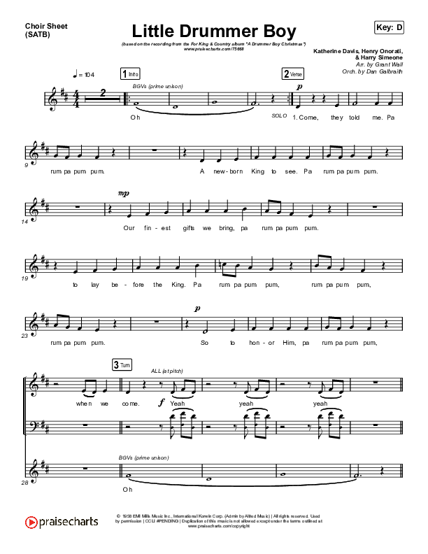 Little Drummer Boy Choir Sheet (SATB) (for KING & COUNTRY)