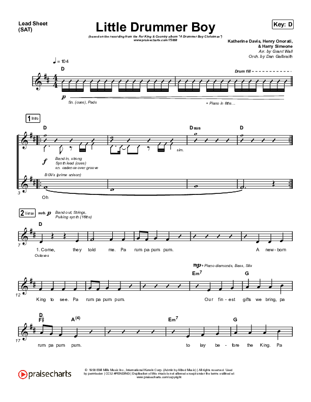 Little Drummer Boy Lead Sheet (SAT) (for KING & COUNTRY)