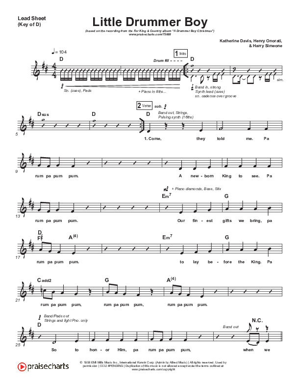 Little Drummer Boy Lead Sheet (Melody) (for KING & COUNTRY)