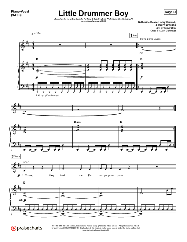 Little Drummer Boy Piano/Vocal (SATB) (for KING & COUNTRY)