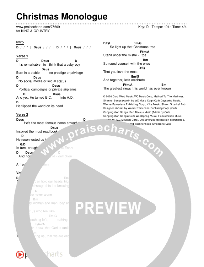 Christmas Monologue Chords & Lyrics (for KING & COUNTRY)