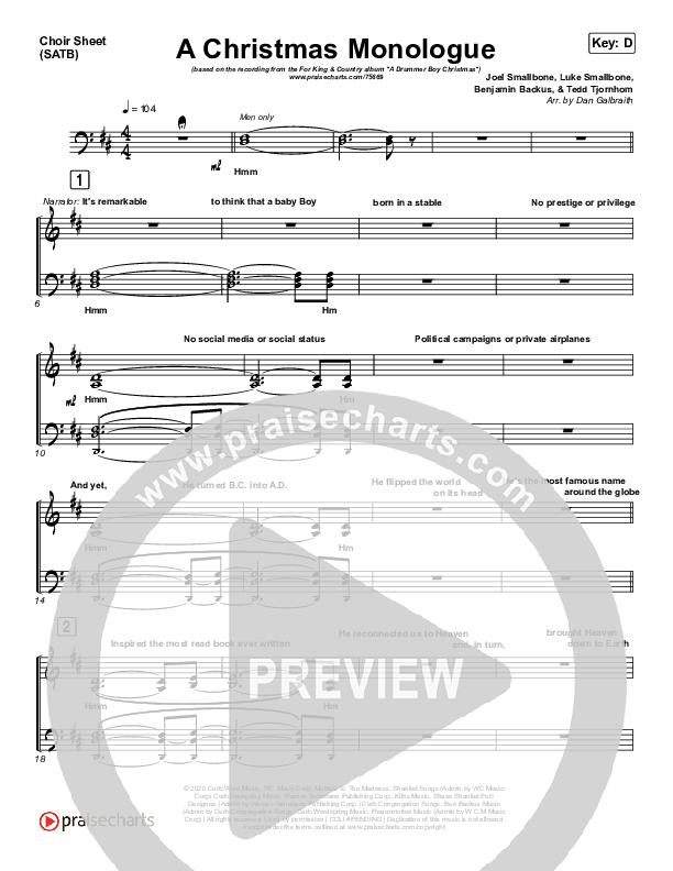Christmas Monologue Choir Sheet (SATB) (for KING & COUNTRY)
