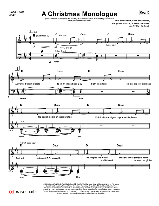 Christmas Monologue Lead Sheet (SAT) (for KING & COUNTRY)
