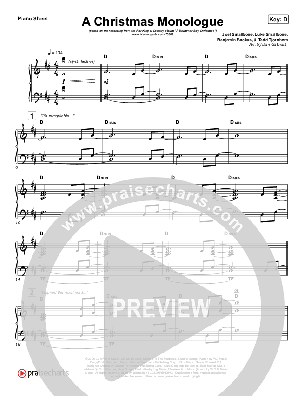 Christmas Monologue Piano Sheet (for KING & COUNTRY)
