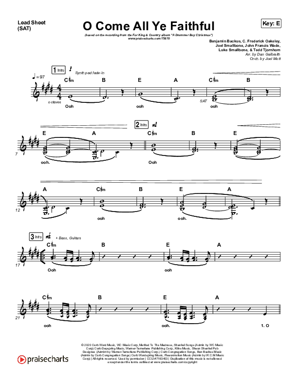 O Come All Ye Faithful Lead Sheet (SAT) (for KING & COUNTRY)