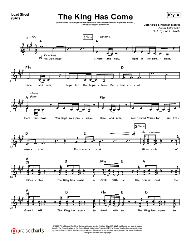 The King Has Come Lead Sheet (SAT) (Passion / Kristian Stanfill)