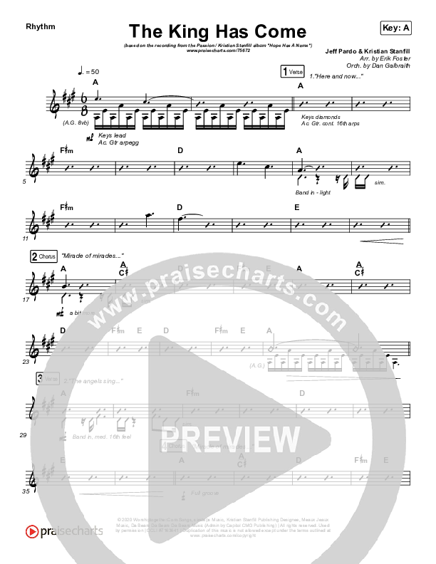 The King Has Come Rhythm Chart (Passion / Kristian Stanfill)
