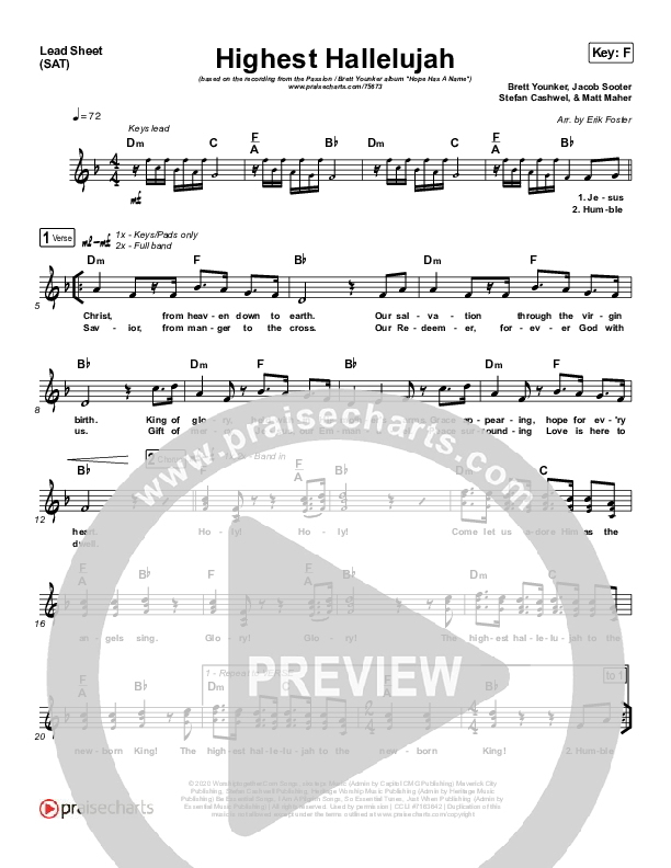 Highest Hallelujah Lead Sheet (SAT) (Passion / Brett Younker)