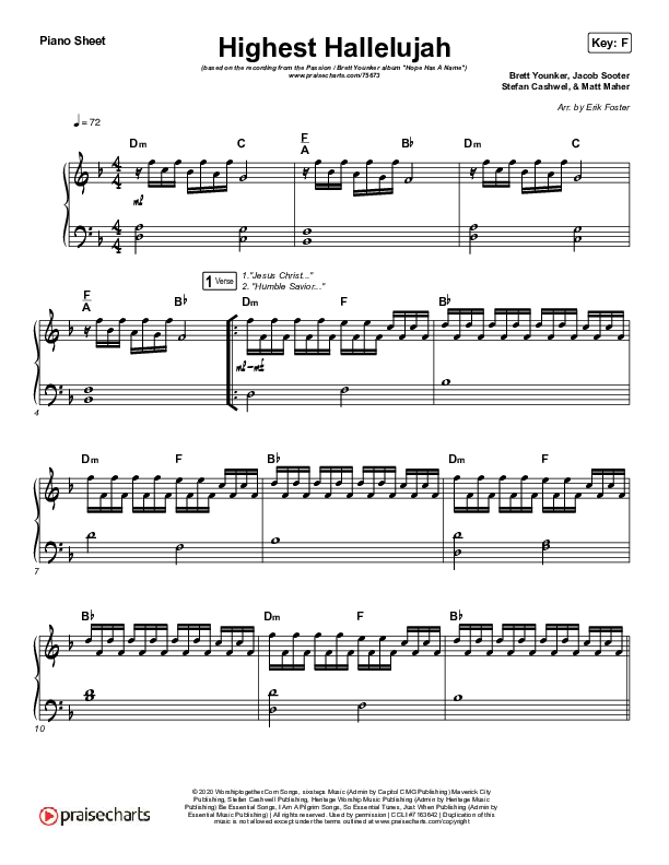 Highest Hallelujah Piano Sheet (Passion / Brett Younker)