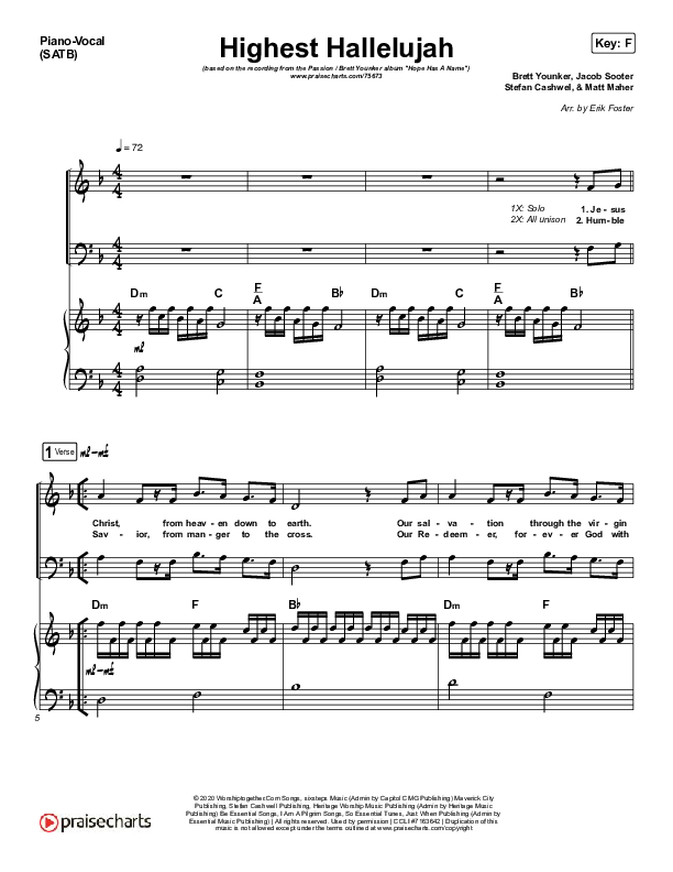 Highest Hallelujah Piano/Vocal (SATB) (Passion / Brett Younker)