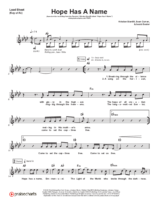 Hope Has A Name Lead Sheet (Melody) (Passion / Kristian Stanfill)