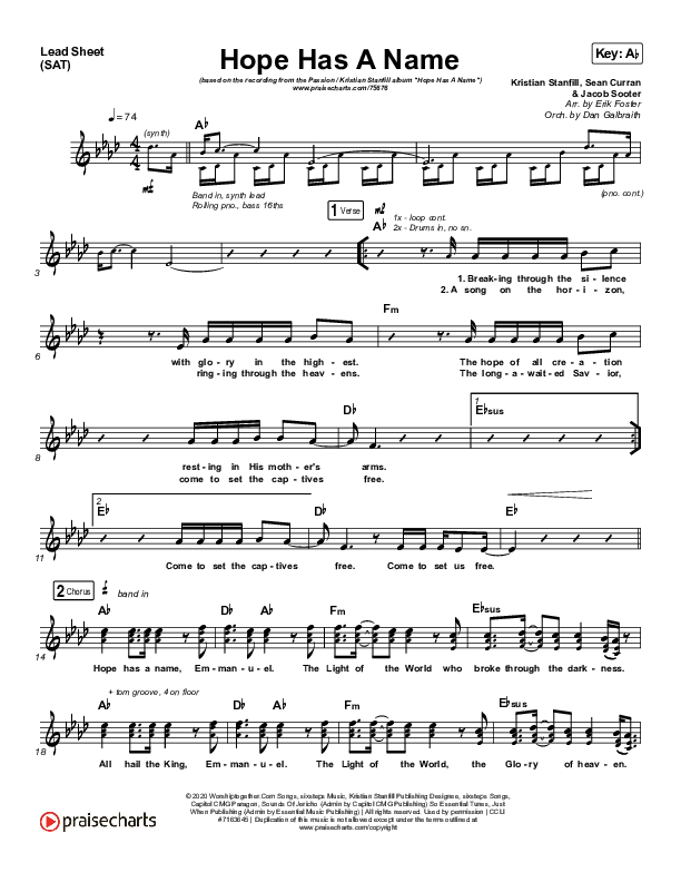 Hope Has A Name Lead Sheet (SAT) (Passion / Kristian Stanfill)