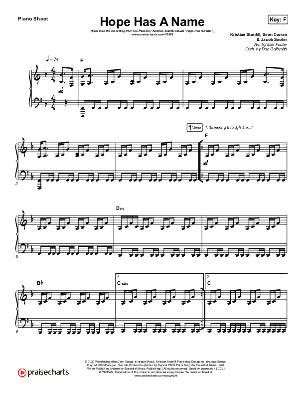 Hope Has A Name Piano Sheet (Passion / Kristian Stanfill)