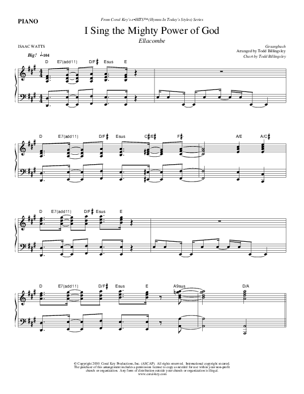 I Sing The Mighty Power Of God Piano Sheet (Todd Billingsley)