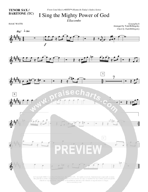 I Sing The Mighty Power Of God Tenor Sax/Baritone T.C. (Todd Billingsley)