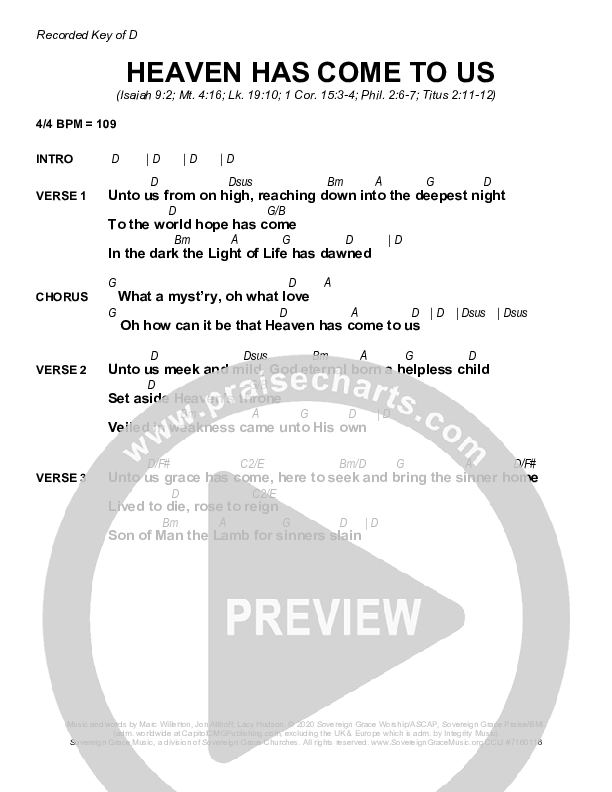 Heaven Has Come To Us Chords & Lyrics (Sovereign Grace)