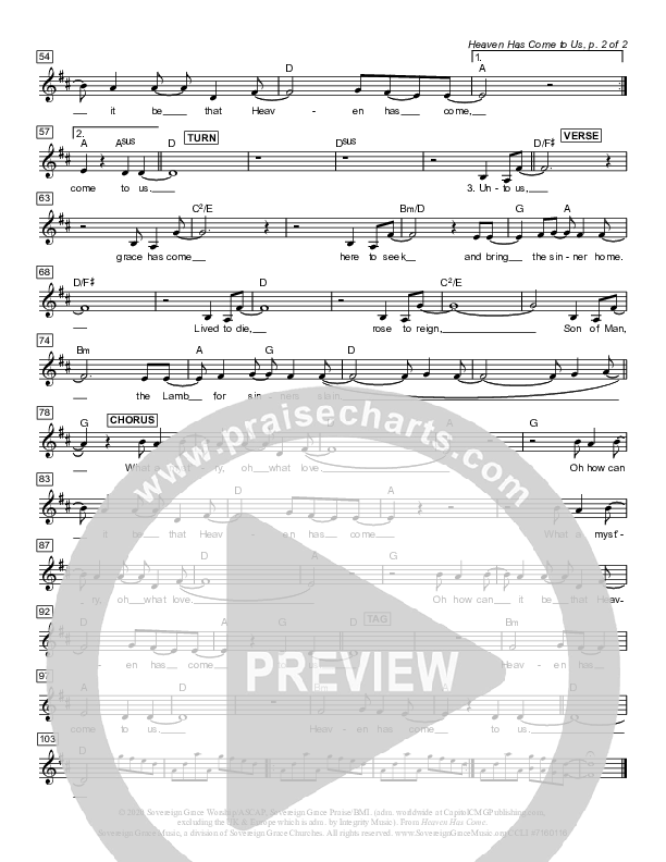 Heaven Has Come To Us Lead Sheet (Mel) (Sovereign Grace)