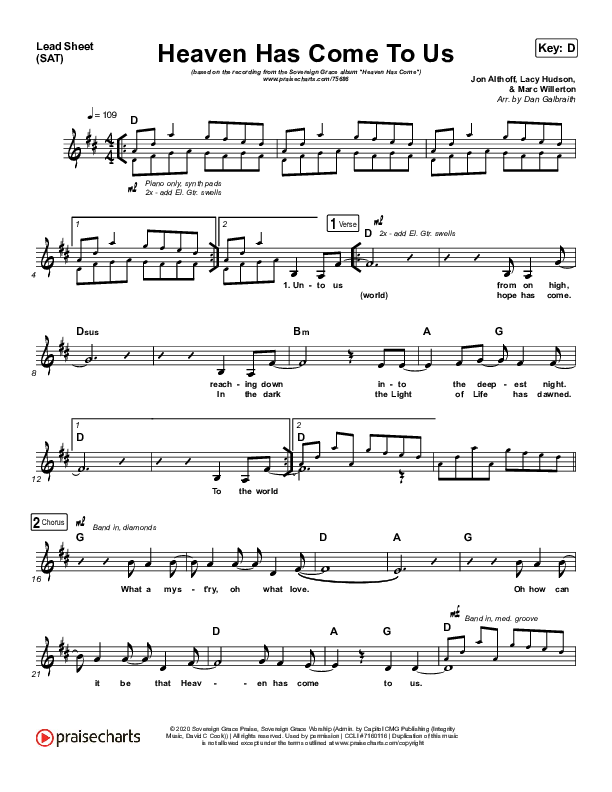 Heaven Has Come To Us Lead Sheet (SAT) (Sovereign Grace)