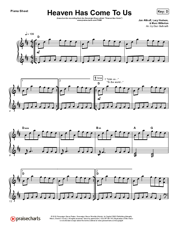 Heaven Has Come To Us Piano Sheet (Sovereign Grace)