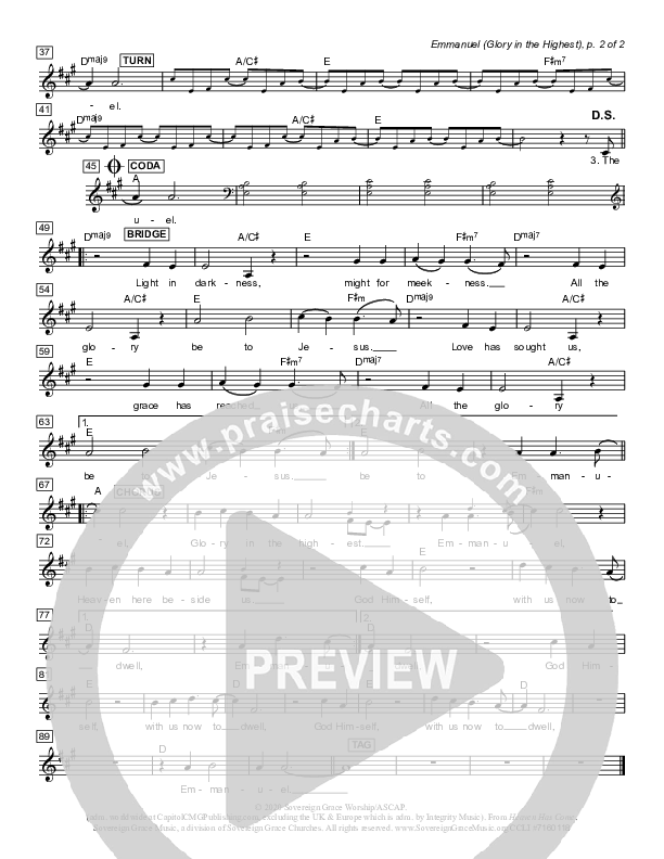 Emmanuel (Glory In The Highest) Lead Sheet (Sovereign Grace)