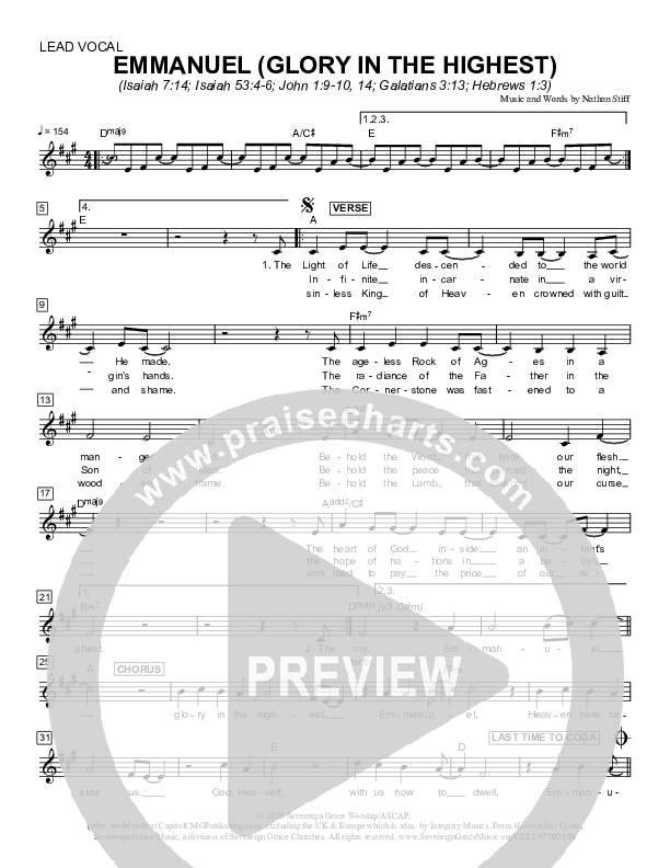 Emmanuel (Glory In The Highest) Lead Sheet Melody (Sovereign Grace)