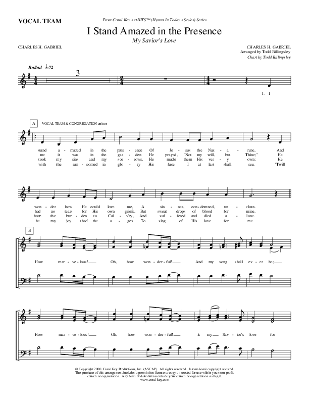 I Stand Amazed In The Presence Choir Sheet (Todd Billingsley)