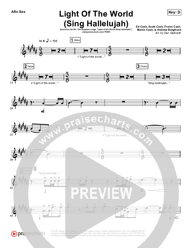 Light Of The World (Sing Hallelujah) Alto Sax (We The Kingdom)