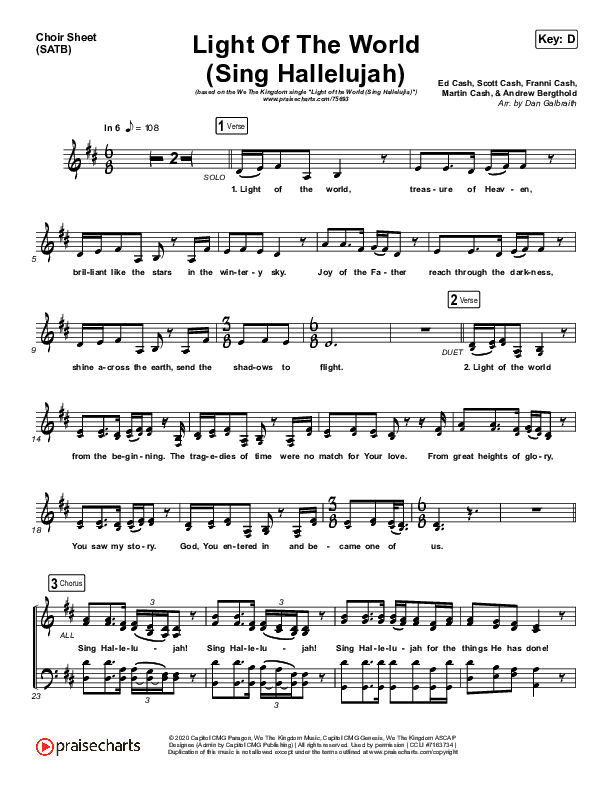 Light Of The World (Sing Hallelujah) Choir Vocals (SATB) (We The Kingdom)