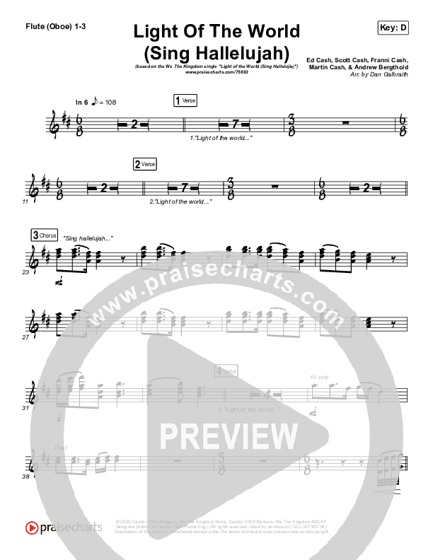 Light Of The World (Sing Hallelujah) Flute/Oboe 1/2/3 (We The Kingdom)