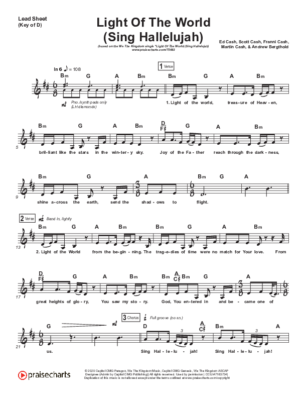 Light Of The World (Sing Hallelujah) Lead Sheet (Melody) (We The Kingdom)