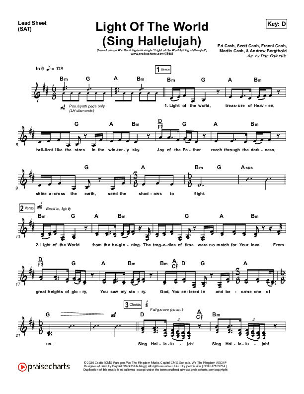 Light Of The World (Sing Hallelujah) Lead Sheet (SAT) (We The Kingdom)