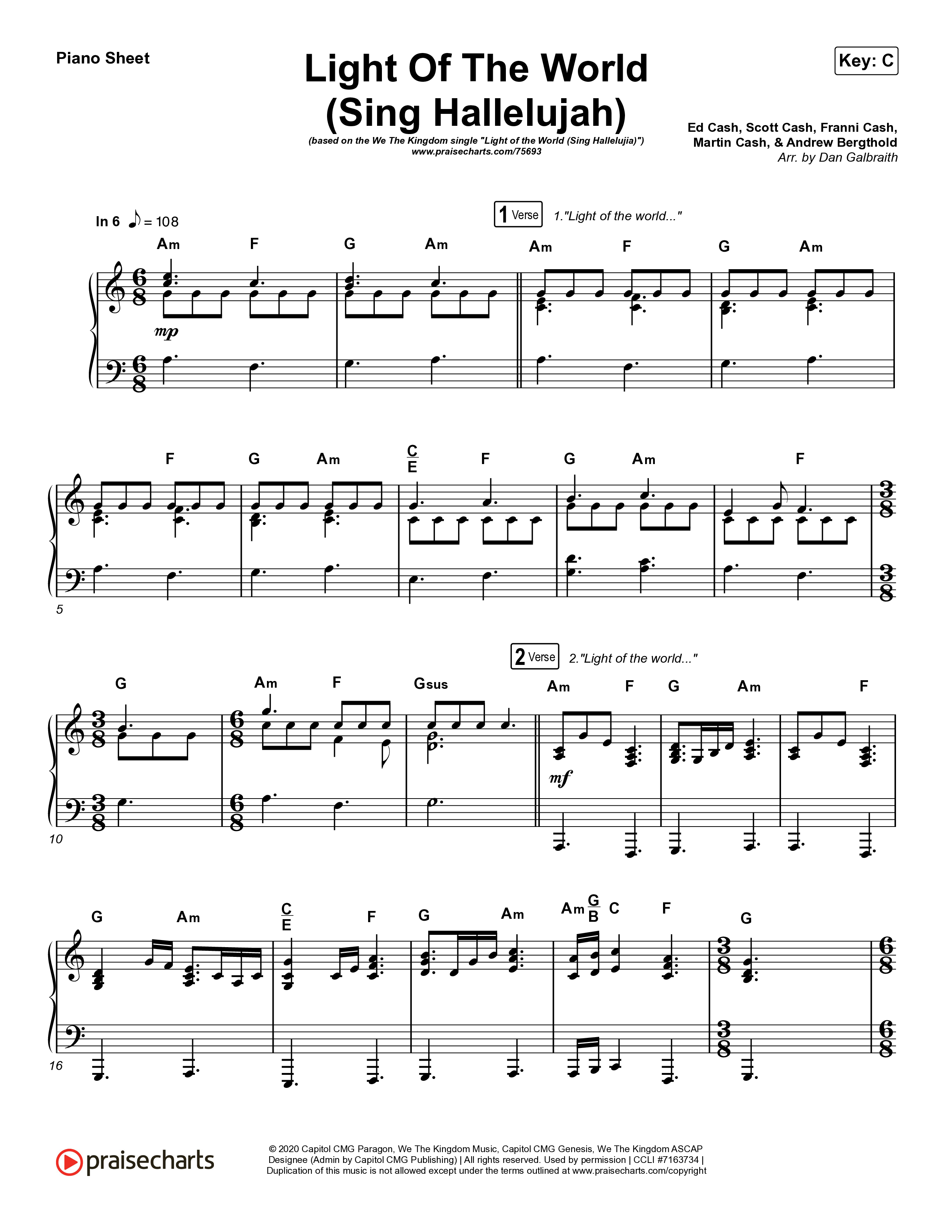 Light Of The World (Sing Hallelujah) Piano Sheet (We The Kingdom)