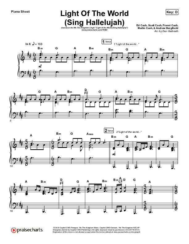 Light Of The World (Sing Hallelujah) Piano Sheet (We The Kingdom)