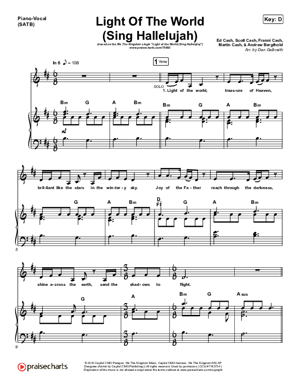 Light Of The World (Sing Hallelujah) Piano/Vocal (SATB) (We The Kingdom)