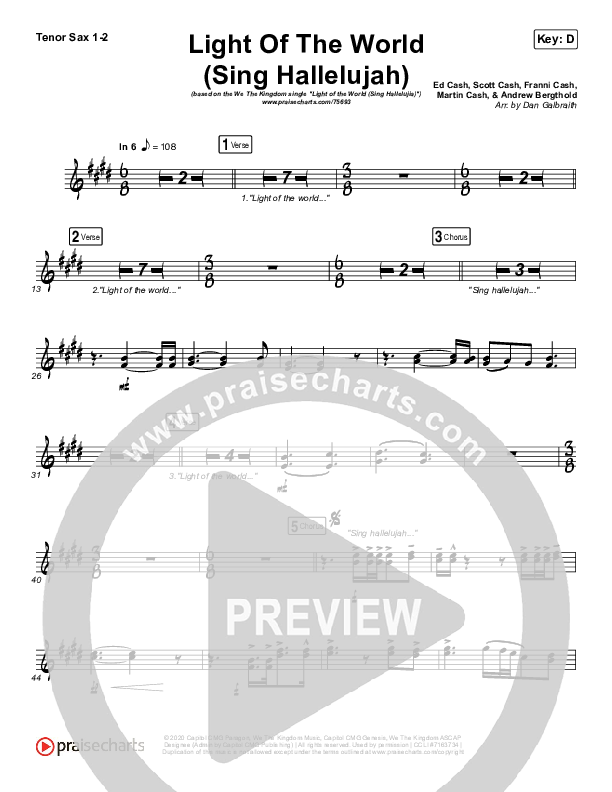 Light Of The World (Sing Hallelujah) Tenor Sax 1/2 (We The Kingdom)