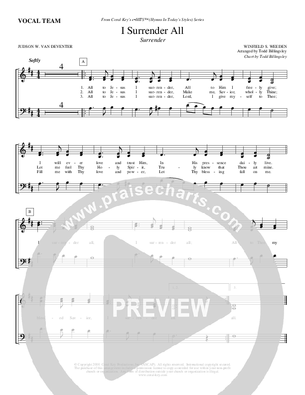 I Surrender All Choir Sheet (Todd Billingsley)
