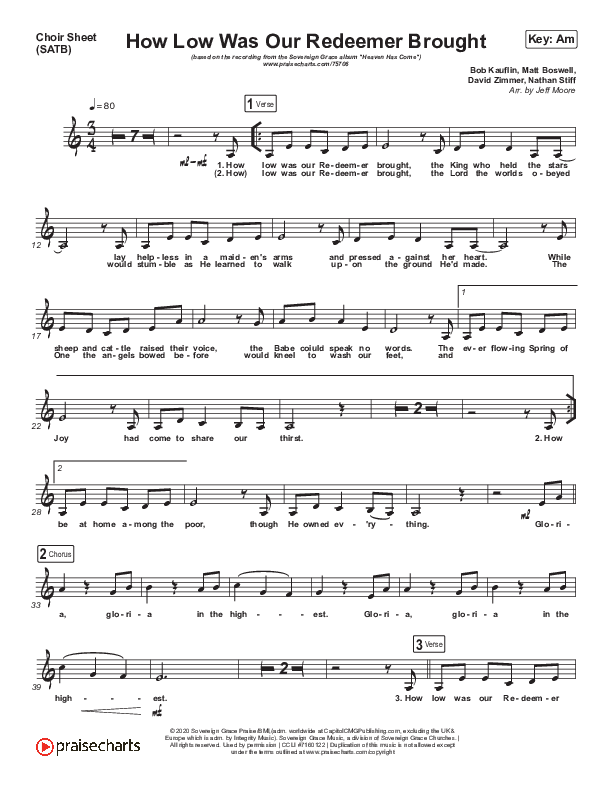 How Low Was Our Redeemer Brought Choir Sheet (SATB) (Sovereign Grace)