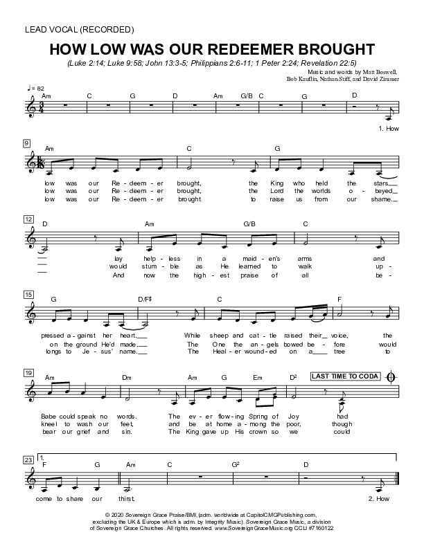 How Low Was Our Redeemer Brought Lead Sheet Melody (Sovereign Grace)