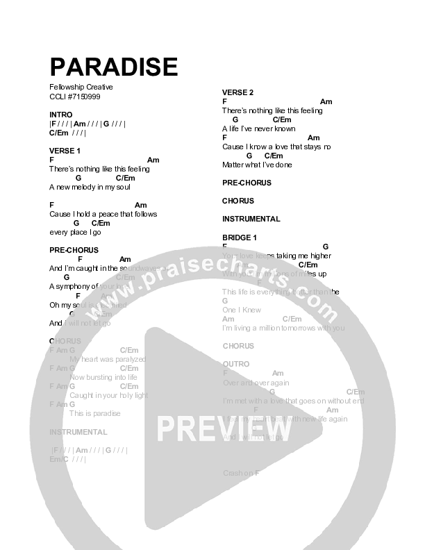 Paradise Chord Chart (Fellowship Creative)