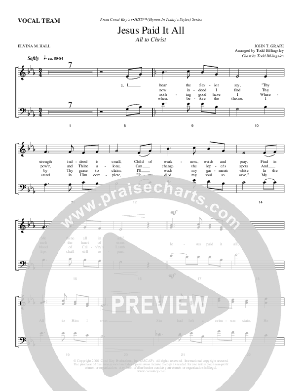 Jesus Paid It All Choir Sheet (Todd Billingsley)