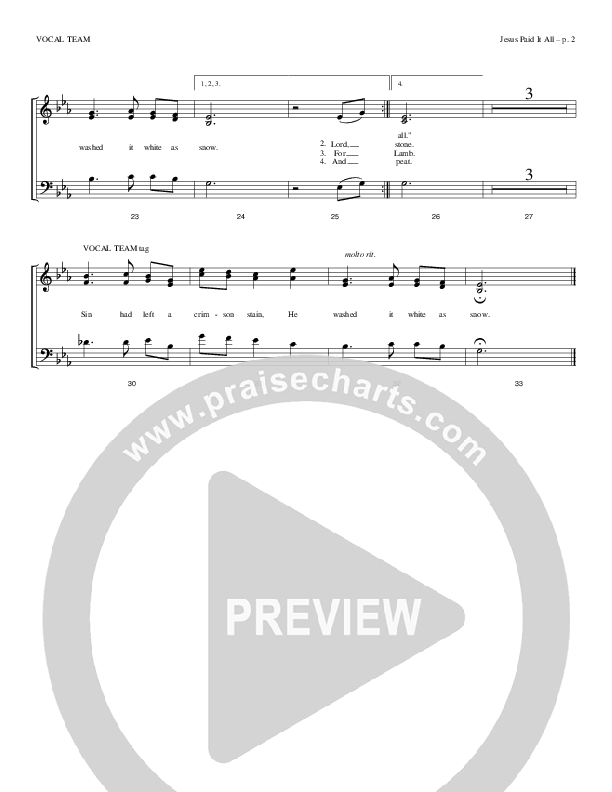 Jesus Paid It All Choir Sheet (Todd Billingsley)