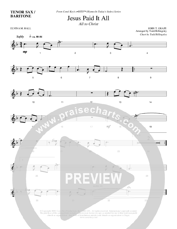 Jesus Paid It All Tenor Sax/Baritone T.C. (Todd Billingsley)