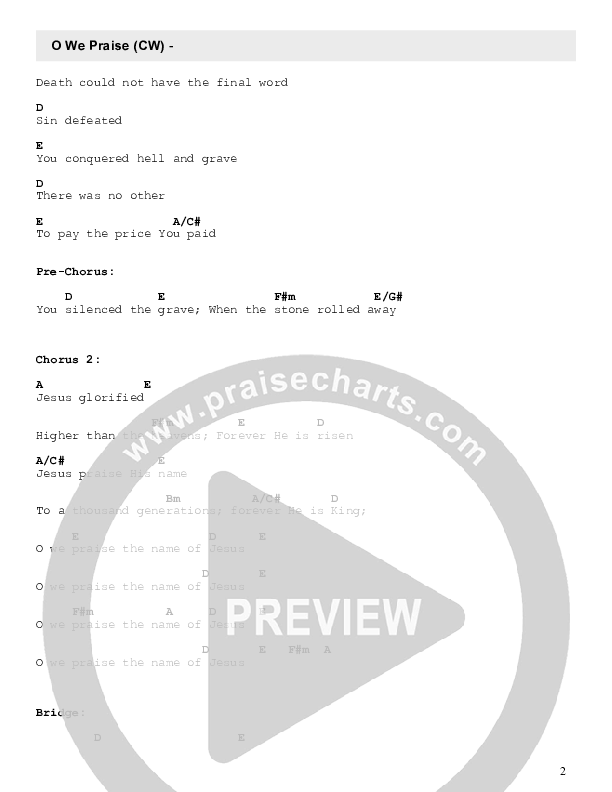 O We Praise Chord Chart (Celebration Worship)