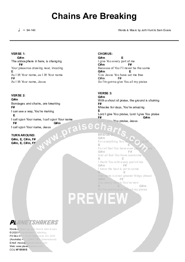 Chains Are Breaking Chord Chart (Planetshakers)