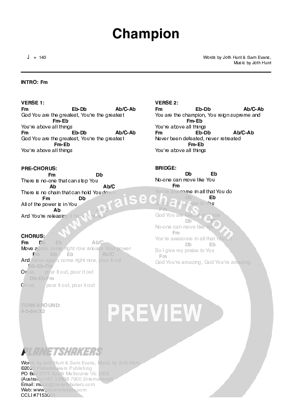 Champion Chord Chart (Planetshakers)