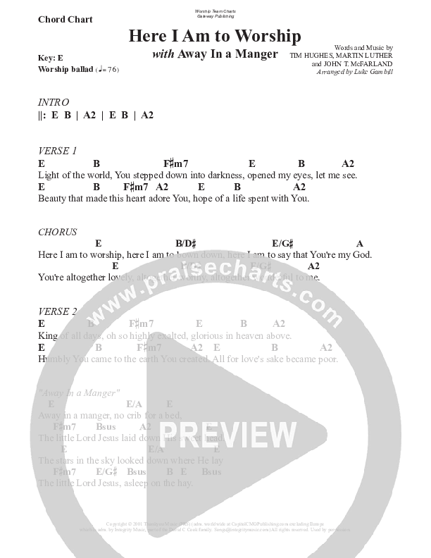 Here I Am To Worship (with Away In A Manger) Chord Chart (WorshipTeam.tv)