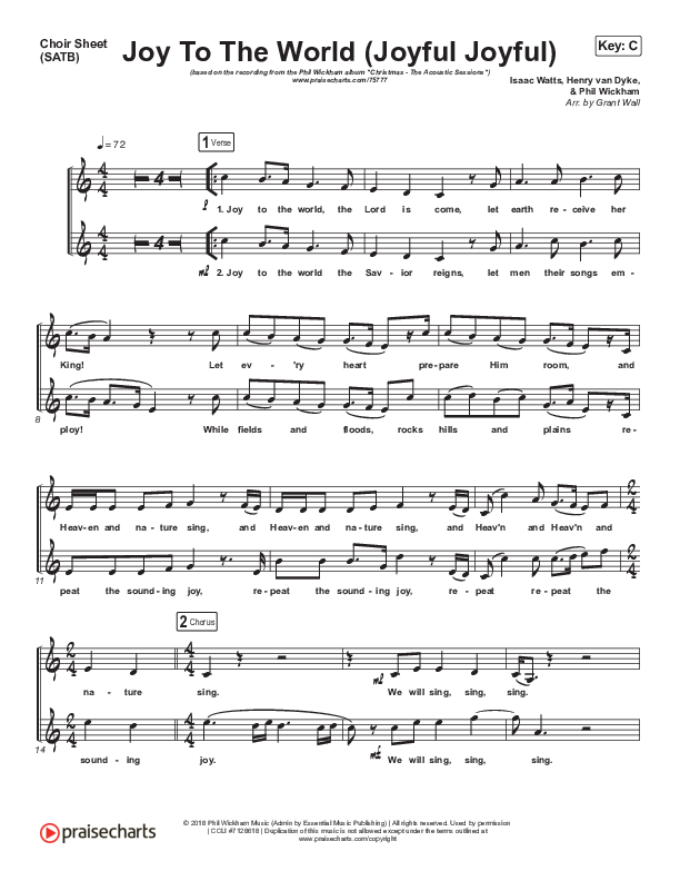 Joy To The World (Joyful Joyful) (Acoustic) Choir Sheet (SATB) (Phil Wickham)